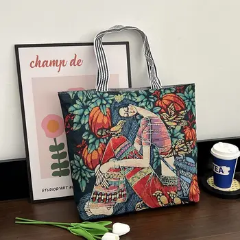 Елегантна пътна чанта в стил ретро, снимка с маслени бои, листа, цвете, дамски художествена чанта, чанта през рамо, холщовая чанта, рисувана чанта-тоут