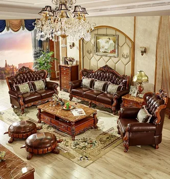 Естествена кожа в европейски стил, масив, дърво, издълбани луксозният диван, мебели за всекидневна
