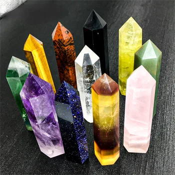Естествени кристали, точков пръчка, кристали и камъни, здравословен розов кварц, аметист, колона с чакра, украса за дома, скъпоценни камъни