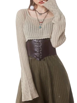 Жена вязаный пуловер дантела, съкратен топ с изрези и дълги ръкави - стилен пуловер с кръгло деколте за свободен и