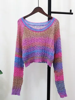Жена вязаный пуловер райе, дълъг ръкав, кратък стил, свободен, гъвкав, кръгла яка, женски ретро, универсален есенен пуловер 2023
