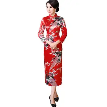 Жена тънката рокля midi-чонсам в китайски стил с 3/4 ръкав и дълъг отрязани под формата на павлина