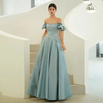 Женствена рокля за абитуриентски бал с отворени рамене, елегантно синьо атласное вечерна рокля с шнур и отворен гръб, Vestido