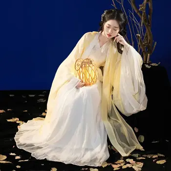Жълт женски китайски традиционен костюм Hanfu, пола с висока талия, широк ръкав, бяла рокля за cosplay Hanfu, китайски народен танц, китайското рокля
