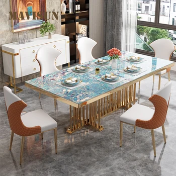 Зелена маса за хранене с 4 стола, комплект мебели за кухни със скандинавски дизайн за дома, правоъгълен луксозна маса за хранене от лъскава плочи в стил loft
