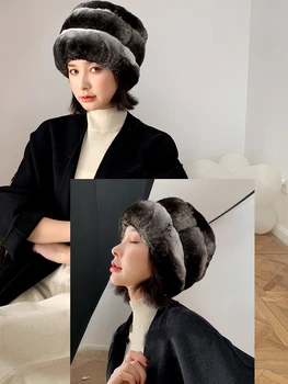 зимни дамски супер луксозна страхотна кожа шапка от 100% естествена кожа чинчила, дамски шапки от естествена кожа чинчила