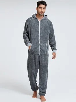 Зимни мъжки однотонная дрехи за почивка с цип, мека пижама с качулка, фланелевая пижами, гащеризон с дълъг ръкав, топло домашно облекло