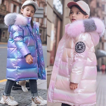 Зимно яке за момчета и момичета от 3 до 14 години, най-дългата стилно яке с кожа яка и качулка, светъл тежко палто за деца, детски връхни облекла