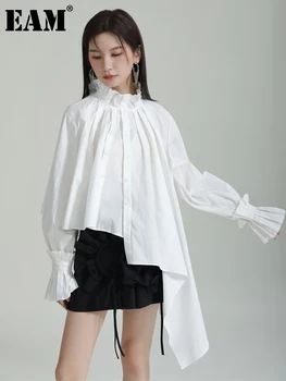 [ИАЛ] Женска Бяла Плиссированная Блуза с Неправилна форма с Голям Размер, Нова Риза с дълъг Ръкав и яка-часова, Модерен Прилив, Пролет-Есен 2023 1DF5737