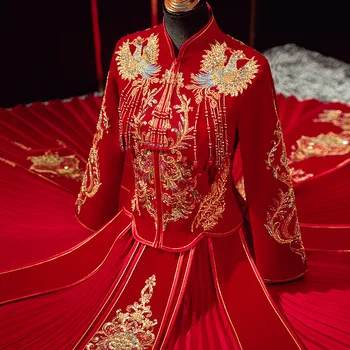 Изискан велур Феникс Пайети четката бродерия Чонсам Булчинската рокля на булката в китайски стил Източна облекло за тостер