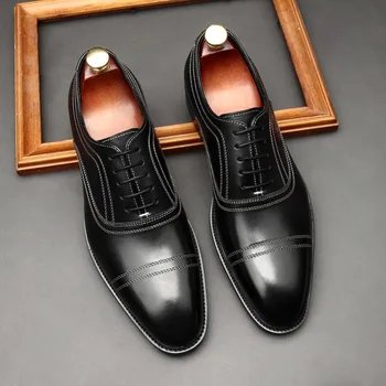 Италианска официална обувки Мъжки класически мъжки модел обувки от естествена кожа, черни, кафяви луксозни сватбени обувки дантела, Oxfords за светски хора