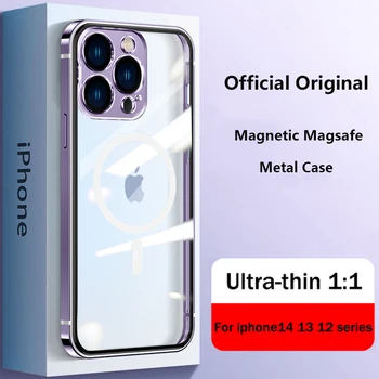 Калъф за Iphone 14 от луксозни титанова сплав, прозрачен Magsafe магнитен, ултра тънък калъф за Iphone на Apple 12 13 14 Pro Max Case