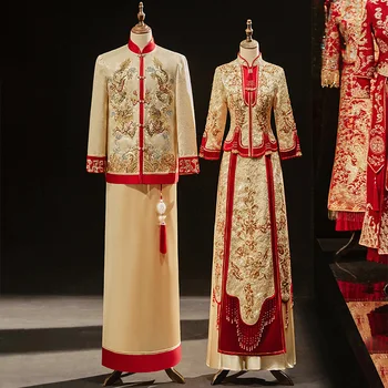 Китайска реколта двойка, расшитая мъниста сватбена рокля ципао цвят шампанско, източна бродерия на дракон и феникс, Чонсам