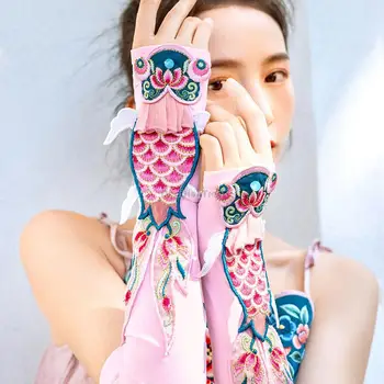 китайски етнически стил, защита от слънцето, бродерия, защита на дълги ръце, летни нови тънки декоративни ръкавици с голи пръсти, маска за жени