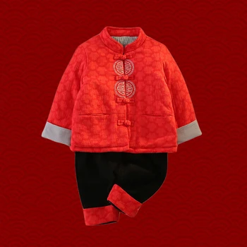 Китайски традиционен костюм Тан за новородено, детски червен Ханьфу, китайски коледен костюм, подарък за рожден ден, дебел памук, 2 бр.