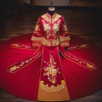 Китайското Традиционно Сватбената Рокля на Булката Банкетна Костюм Източна Реколта Модерна Дълга на Облекло от Китай Ципао китайски дрехи