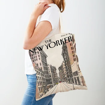 Коледни дамски чанти за пазаруване в Ню Йорк, дамски чанти-тоут от супермаркет, множество сгъваема ежедневни холщовая чанта за пазаруване с двойно принтом