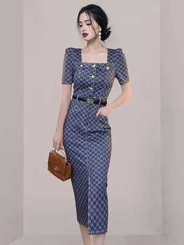 Корейската мода Лято Къс ръкав Разделение Темперамент Рокля midi дължина с квадратна яка Елегантни дамски официални рокли 2023 с колан
