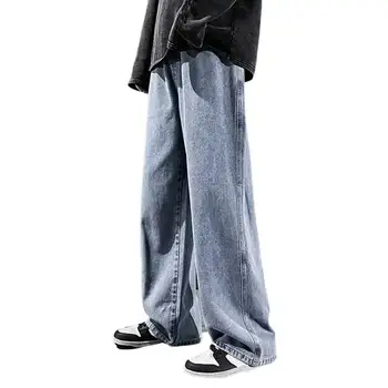 Корейски модерни мъжки дънки, плътен цвят, свободна еластична талия, прав дантела, джобове за ежедневието, мъжки панталон, мъжки дрехи