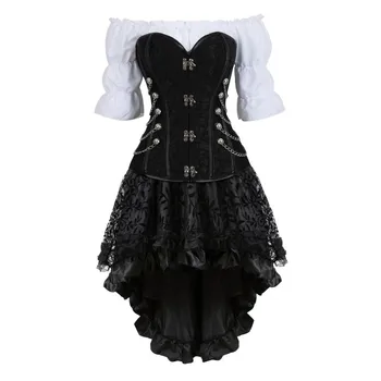 Корсетное рокля в стил steampunk, готическия най-бюстие от изкуствена кожа, блуза от епохата на Възраждането с пола в стил бурлеска, комплект от три елемента, пиратски костюм