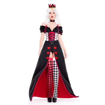 Костюми за Хелоуин за възрастни, рокля с червена карта и корона, костюми queen за жени