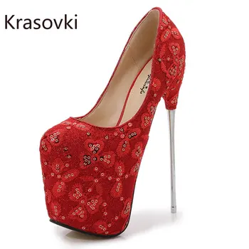 Красовки 20 см, луксозни модни дамски обувки, готическа елегантност, летни дантела и мъниста, червени, големи размери, сребърни сватбени пикантни обувки на платформа