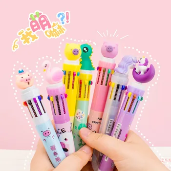 Креативна многоцветен химикалка химикалка, 6 цвята /10 цвята, сладки мультяшные животни, канцеларски материали за студенти, многофункционална дръжка за смазване