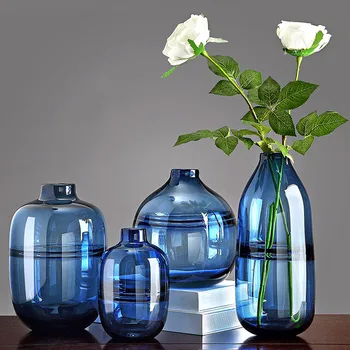 Креативна синя гидропонная ваза със сушени цветя, декорация за хол, спалня, модерна маса за хранене с Стъклена ваза за цветя, занаяти