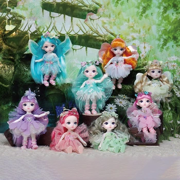 Кукла Bjd 16 см, луксозна рокля с крила на цветя феите, дрехи принцеса, кукли за момичета, 3D шапки с големи очи, бебешки играчки, играчки за подарък със собствените си ръце