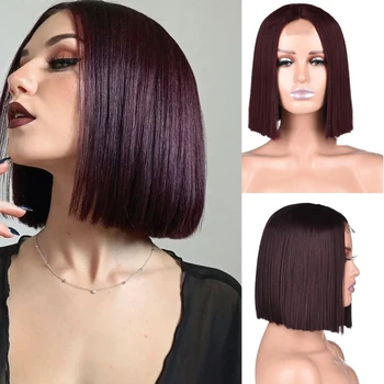 Къса вино-червени перуки-боб Sissi, синтетични предни дантела перуки за черни жени, 613, светли, кафяви, черни, сиви коса средната част на