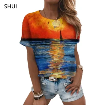 Летен Топ, дамски тениски с 3D принтом океански гледки, Градинска Ежедневни Тениска с къс кръгло деколте, Най-Размер плюс XXS-6XL, елегантна женс