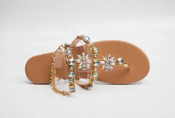 Летни дамски сандали с кристали, плажни чехли за жени, сандали-чехли, дамски плажни плъзгачи с кристали, ежедневни чехли, обувки
