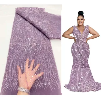 Лилава mesh материя с пайети, африканска лейси плат с цветен модел, расшитая мъниста, за шивашки женски дрехи, конкурси за красота, вечерни рокли