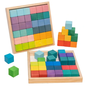 Липа Цветни дървени конструктори, Играчка мозайка от Квадратни големи основни блокове на Детски дъга Монтесори Образователна игра за подреждане