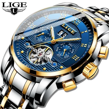 Луксозни автоматични механични часовници на марката LIGE, мъжки часовници, мъжки напълно стоманени бизнес водоустойчив спортен часовник Relogio Masculino