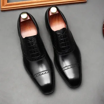 Луксозни мъжки оксфордские модела обувки от естествена кожа, с отворени пръсти, мъжки обувки са ръчно изработени от дантела, цельнокроеные черни официални обувки за сватбен костюм