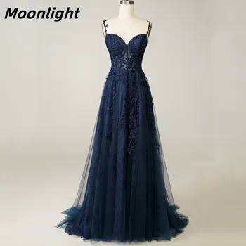 Лунно тъмно синьо вечерна рокля от тюл във формата на сърце 2022, дантелени апликации, рокли за абитуриентски бал, вечерна рокля за спагети презрамки, официални рокли в сгъвката, вечерни рокли