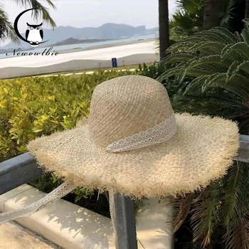 Лятна дамска сламена шапка от лафита за почивка на плажа, малка прясна ракита лейси сламена шапка с голяма периферия, шапка с чадър, плажна шапка