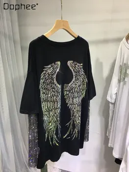 Лятна дамска тениска със средна дължина от две части с дълъг ръкав, имитирующая тежка промишленост, Диамантени крила, Разноцветни кристали, отгоре с кръгло деколте и ръкав