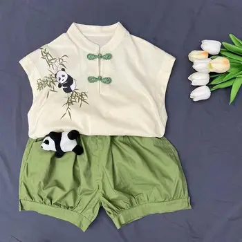 Лятна жилетка без ръкави с принтом кавайной панди, зелени къси панталони, костюм в съвременен китайски стил, костюм Тан за малки момчета, форма на кунг-фу тайчи