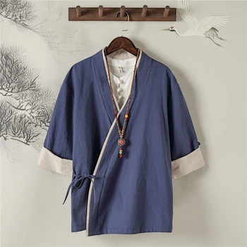Лятна мъжка риза от памук и лен, дрехи от епохата на Мин, Хан топ с ревери, костюм от епохата на Тан, къс ръкав, половината ръкави в стил ретро