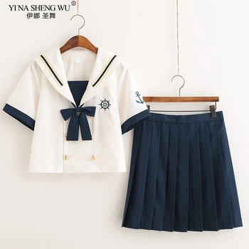 Лятна японската училищна униформа за момичета, прекрасни върхове в морски стил, плиссированная пола, комплекти, студентски форма за cosplay серия костюми JK