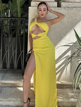Лятно дамско секси жълто Макси рокля с деколте, с едно рамо, дълга лилава рокля, елегантна вечерна рокля за изпълнения на сцената, Vestido