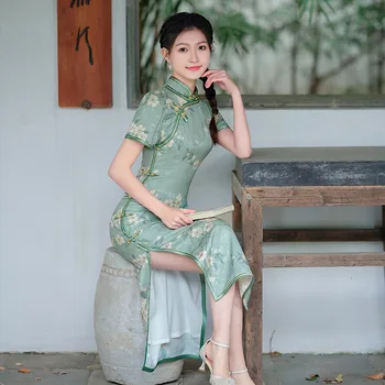 Лято 2023, винтажное рокля в китайски традиционен стил с дълъг ръкав Чонсам, пола, за млади момичета, елегантен модерен ципао за жени