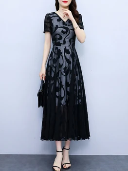 Лятото ежедневното плажна дебнещ дълга рокля, черни дамски рокли midi, празнични тоалети за партита, елегантна корейската мода 2023, новост