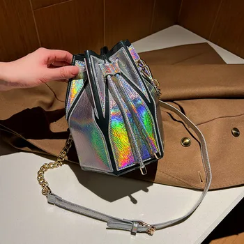 Маркови дизайнерски дамски чанти на рамо, чанти с лазерен шнурком, модни луксозни чанти през рамо с кофа, модни дамски чанта от изкуствена кожа с веригата