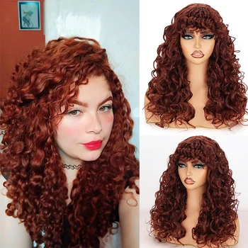 Медно-червена перука с вълнообразни бретон с цвят омбре, руса коса средна дълбочина, къдрава синтетични естествена коса за жени, топлоустойчива косата, Cosplay