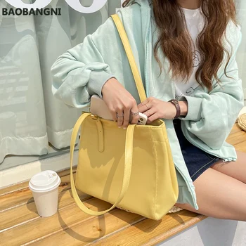Мека дамска чанта под мишниците от изкуствена кожа, по-голямата голям дамски ежедневни чанти-тоут за пътуване, ретро однотонная дамски жълта чанта