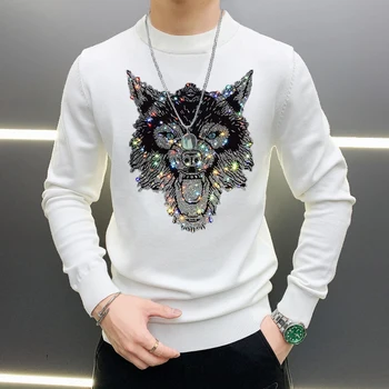Младежки тенденция плетене Шик горещ диамант блестящ дизайн топла индивидуалност мъжки пуловер плътен цвят черно и бяло оверсайз