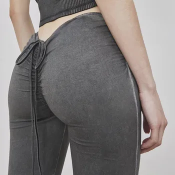 Многослойни панталони Y2K разкроена панталони с ниска талия дамски дълги панталони с рюшами на съвсем малък Еластична Ежедневни градинска дрехи Модни бандажные управление